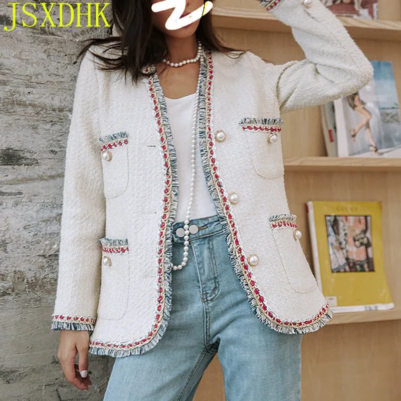 

Runway Design Woven Tassel Trim Pearl button Woolen Suit Jacket Women Autumn and Winter Stitching Striped White Tweed Outwear