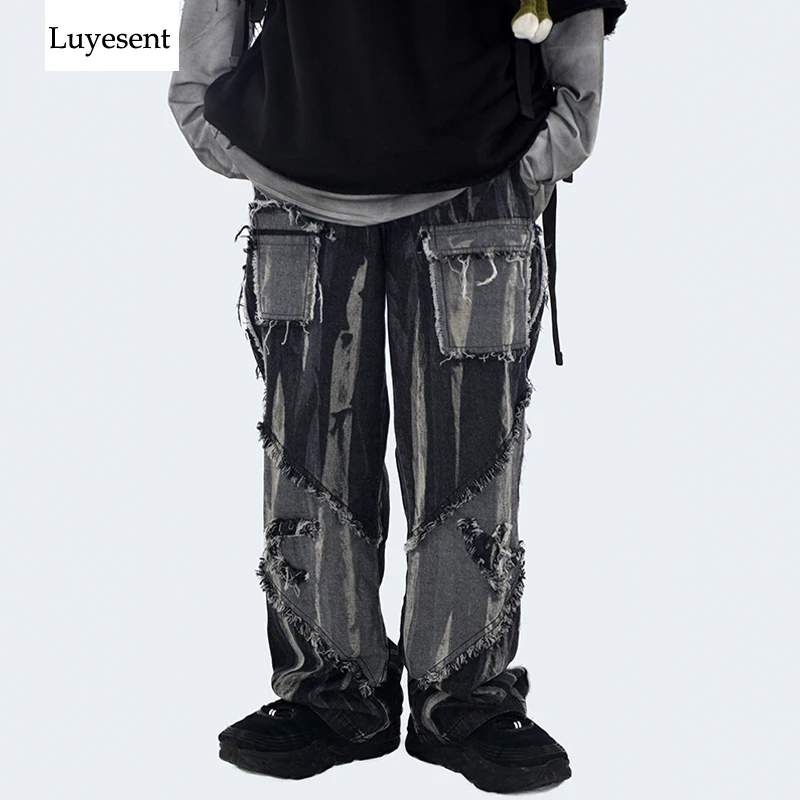 

Джинсы унисекс в стиле панк с эффектом потертости, винтажные брюки длиной до щиколотки с бахромой и молнией в готическом стиле, черные, 2020