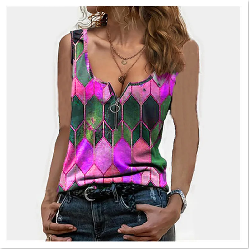 

Women t Shirt Sleeveless Summer Tank Top Vest Geometry Print Ladies Top Casual Sexy Beachwear Night Club Streetwear Women Tops