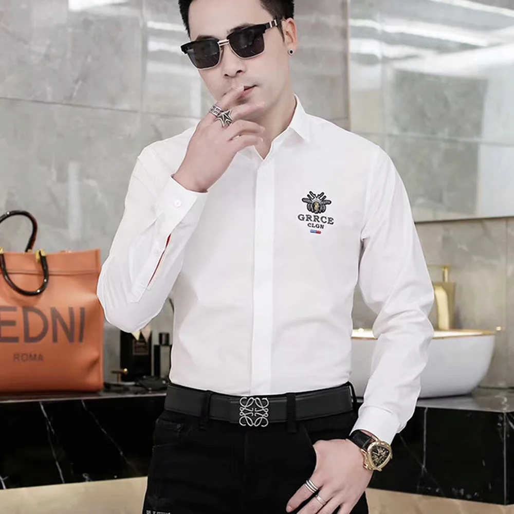 

Luxury Sequin Bee Men Shirts Long Sleeve Slimn Fit Casual Shirt High Quality Male Business Dress Shirts Social Streetwear Tops
