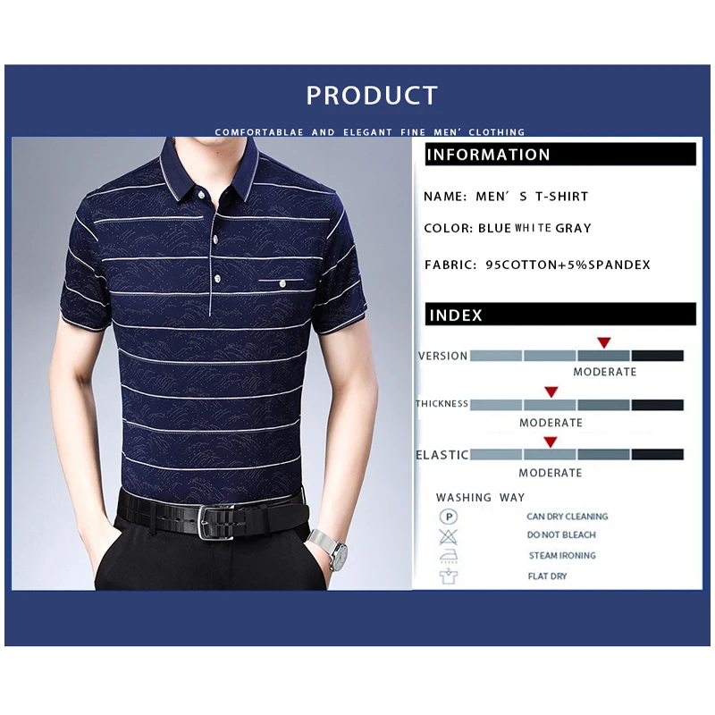 TFETTERS летняя хлопковая Футболка мужская синяя полосатая рубашка с коротким