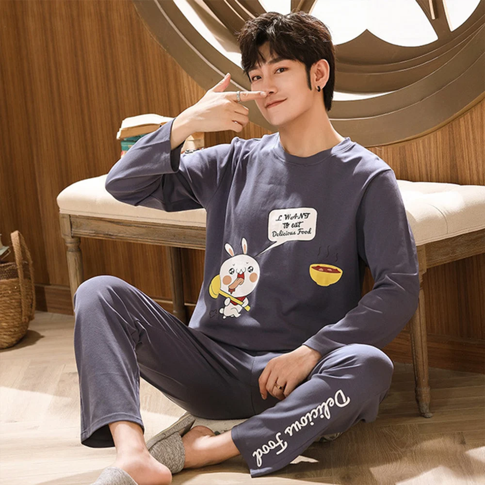 Men's Winter Warm Pajamas 100% Cotton Sleepwear Home Wear Cartoon Panda Print Pajama Male Casual Long Sleeve Plus Size Sets Suit