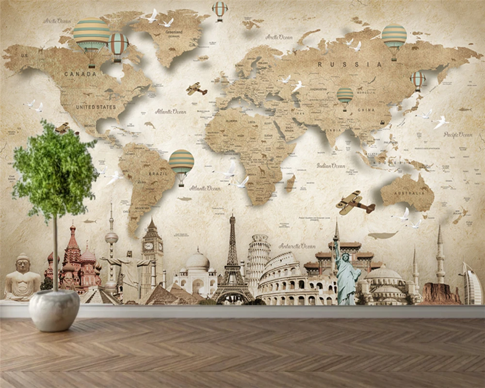 

Custom wallpaper world map places of interest architecture TV background murals home decoration living room bedroom 3d wallpaper