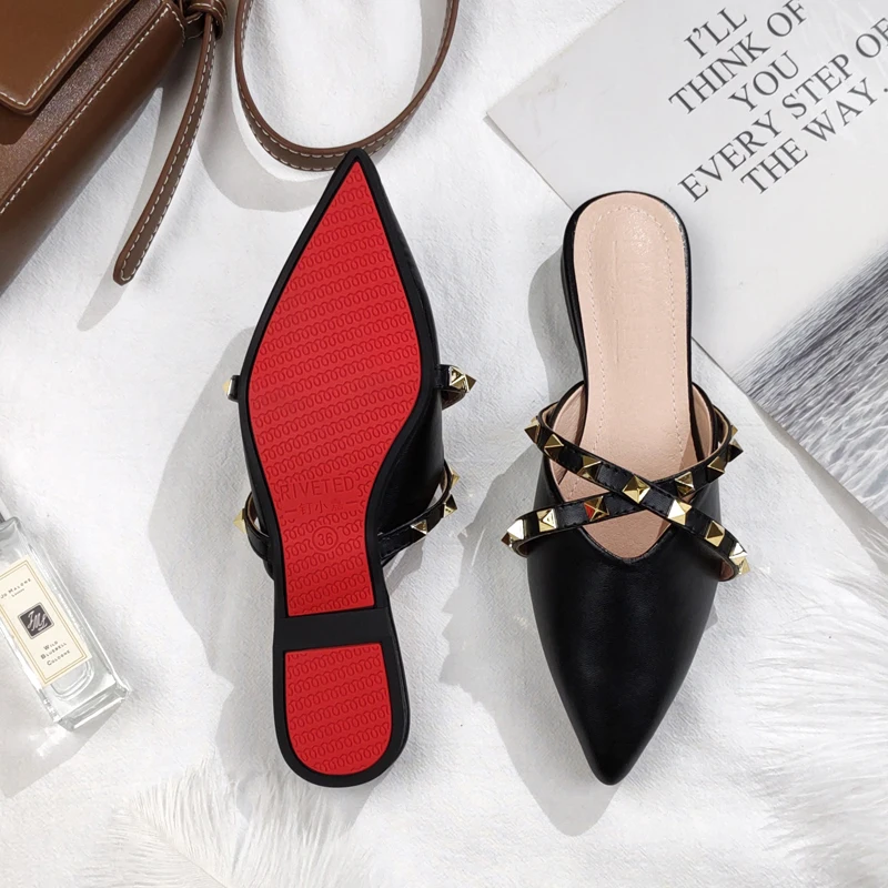 

New faux leather women's pointed rivet flats for spring and summer 2021 fashion trend designer slippers