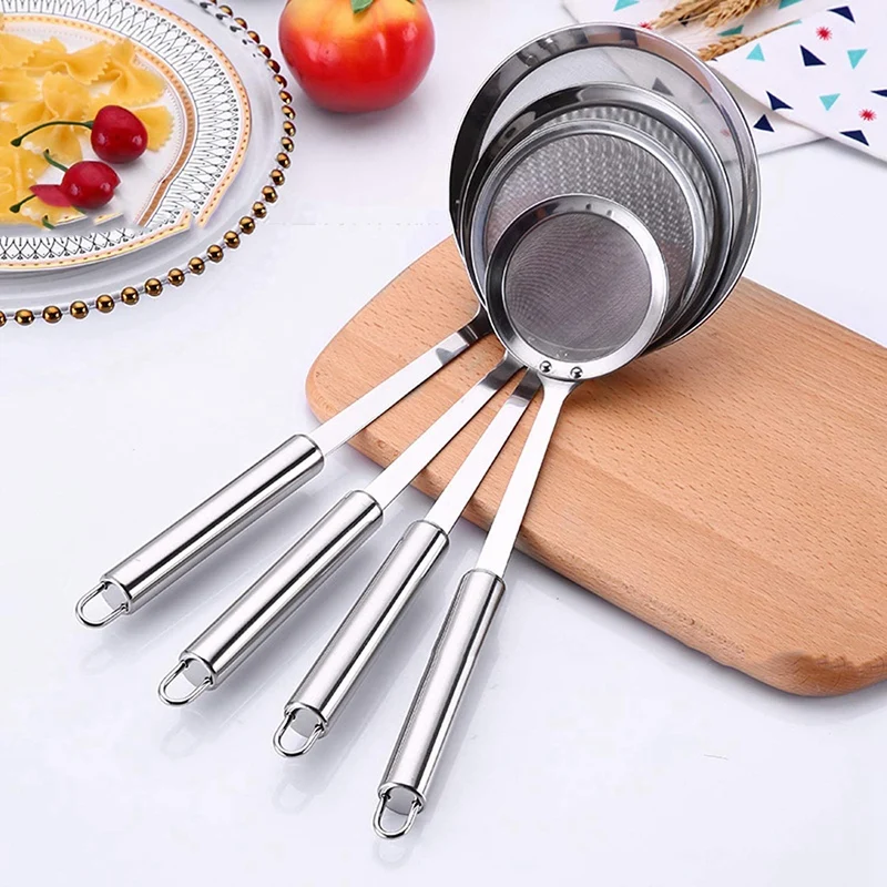 4 Pcs Stainless Steel Kitchen Colander Sieve with Long Handle Fine Mesh Strainers for Cooking Baking Flour | Дом и сад