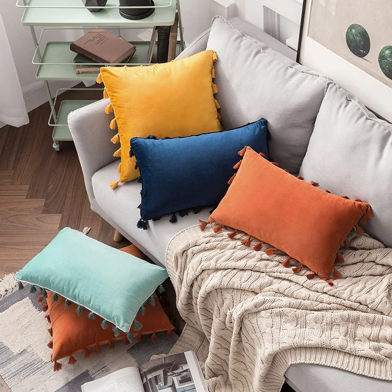 

Бархатная наволочка с кисточками для дивана, однотонная плюшевая прямоугольная наволочка для подушки, наволочка с бахромой, винтажный узел