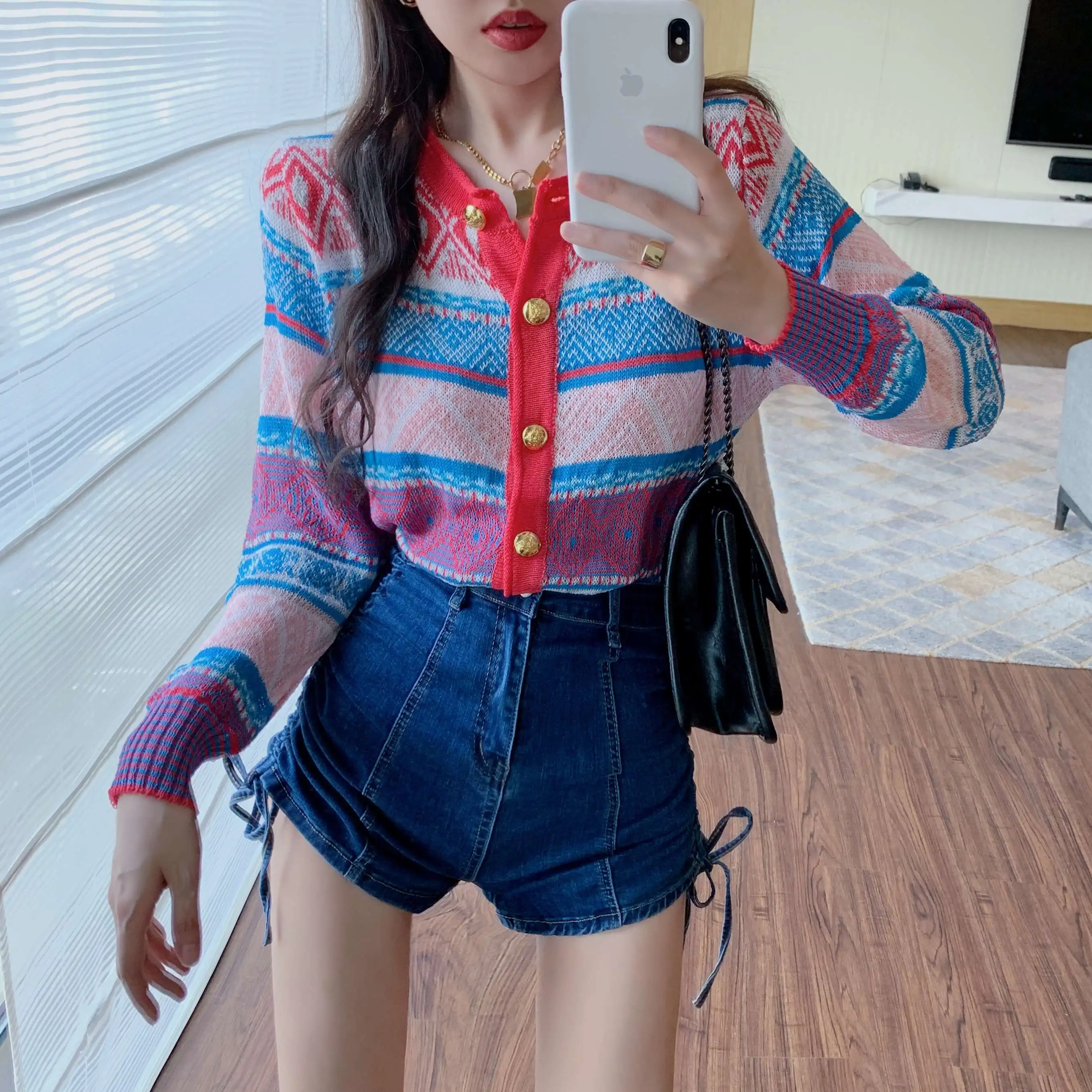 

COIGARSAM Shirt Womens Tops Autumn New Vintage Knitting Argyle Women Shirts