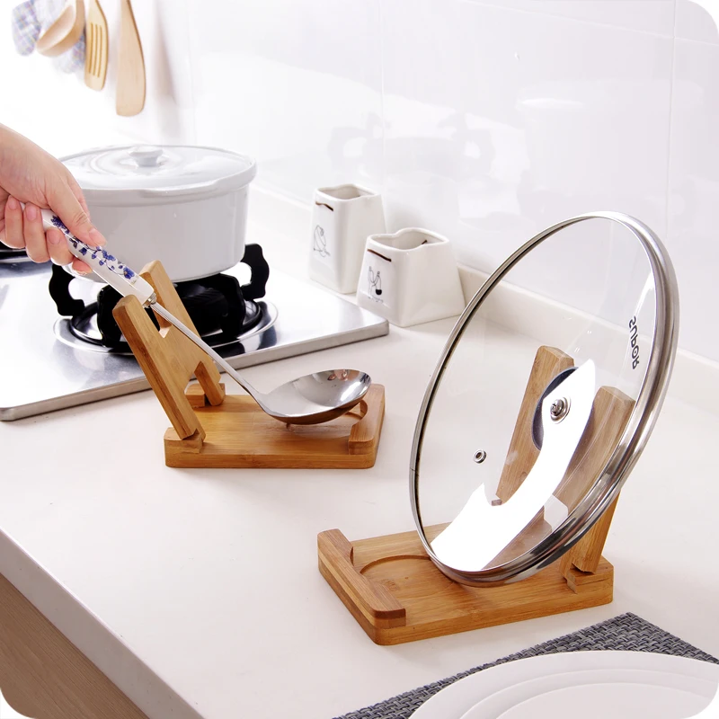 

2021 new Foldable wooden pot lid holder storage rack pan pot Cover Lid spoon Rest Stand Spoon Holder shelf Kitchen accessories