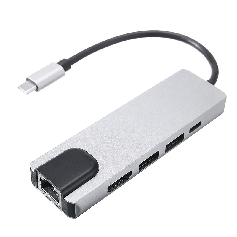 

5 in 1 USB-C Dock Adapter Aluminum Multi-Ports Connector for USB 2.0/Type-C PD Charging/4K HDMI-compatible/Ethernet Network