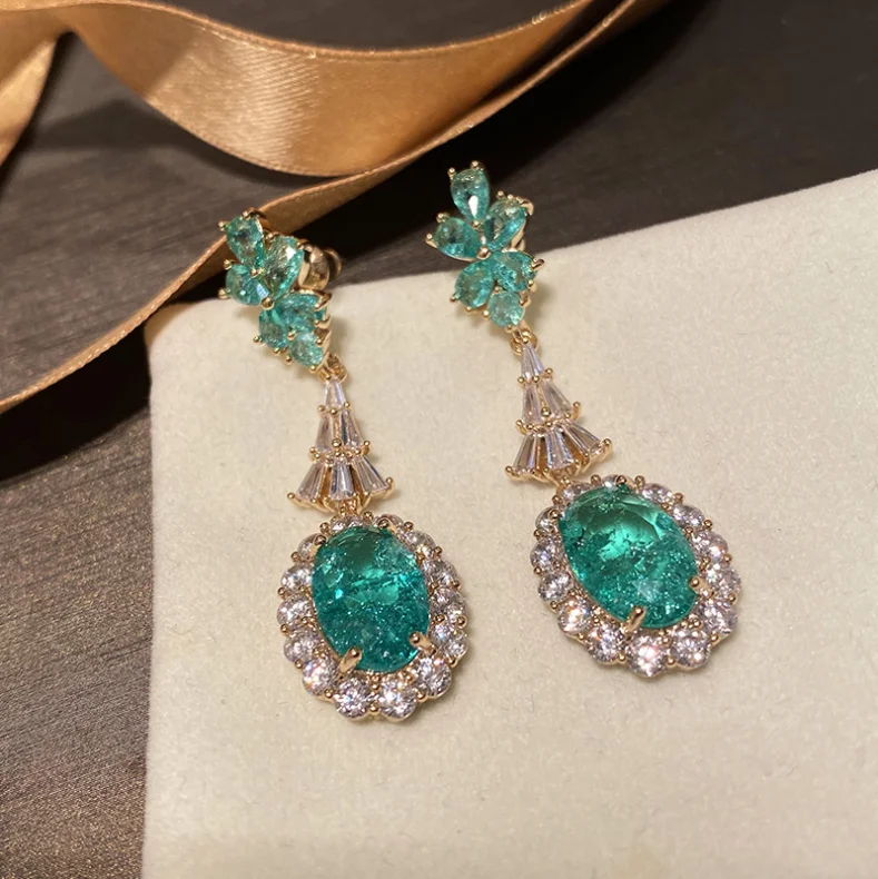 

New luxury color treasure earrings ocean green zircon stud earrings retro gemstone drop pear-shaped earrings long women