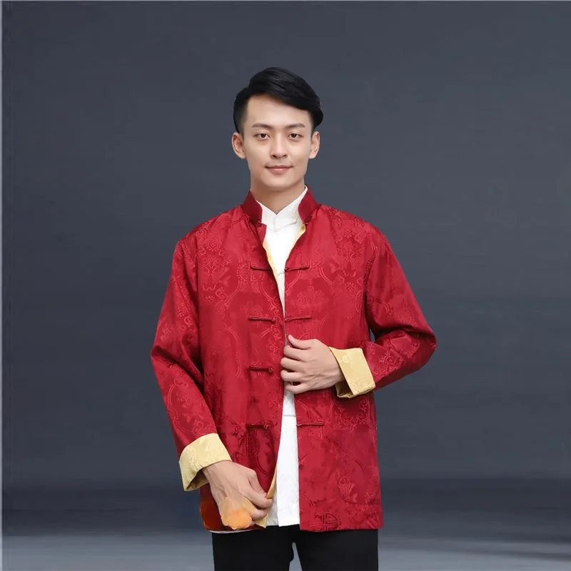 

6 Colors Long Sleeve Tang Suit Top Reversible Traditional Chinese Clothes Shirt Spring Casual Satin Pattern Jacket Coat for Men