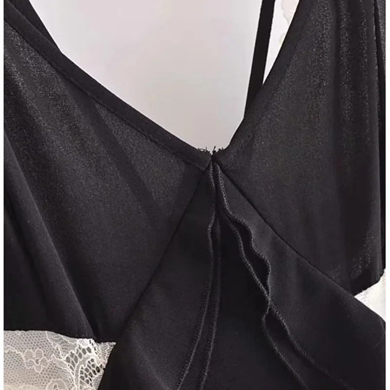 

Fashion women Summer dress V-neck back hollow lace stitching sexy strap dress