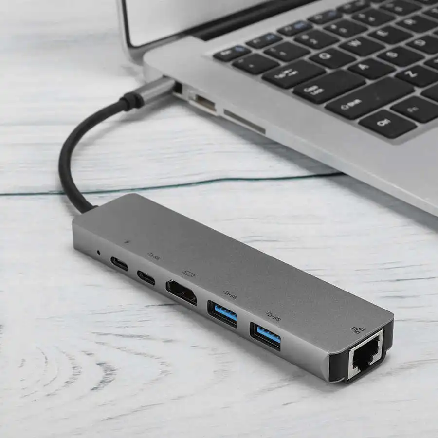 USB C Hub Multiport Adapter Metal 6-in-1 USB-C to Type-C 3 USB3 0 Rj45 Ethernet Mini SDTF OTG Adapter(Gray) |