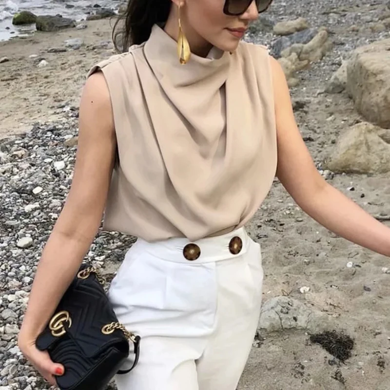 

Vintage Women Elegant Stand Collar Soft Shirts 2021 Summer Fashion Ladies Stylish Loose Blouses Casual Female Tops Girls Chic