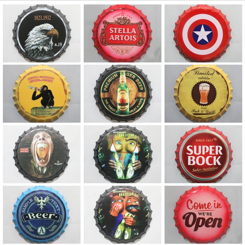 

Beer Bottle Cap Vintage Plaque Metal Tin Sign Bar Pub Round Home Wall Decor Metal Art Poster Retro Wall Plaques Beer Cheer 35cm