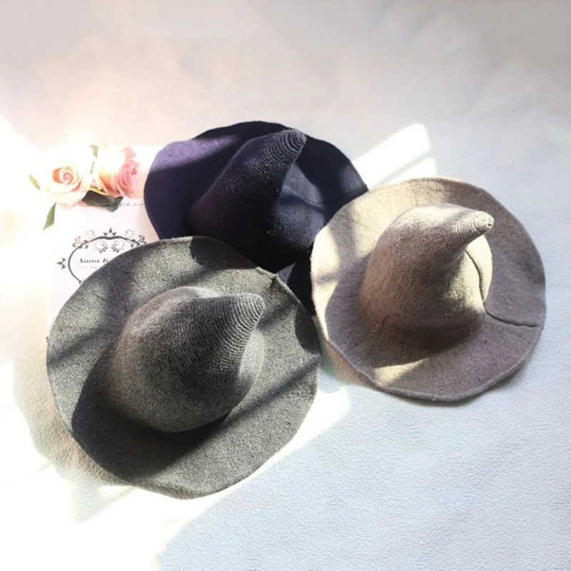 

Hot Sale Halloween Wizard Hat Costume Womens Witch Hats For Adult Solid Color Knitted-Wool Caps Halloween Party Cosplay Supplies