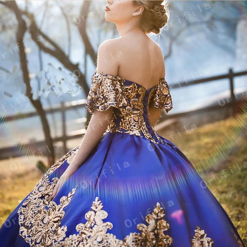 Фото Ярко-голубое милое платье 16 Quinceanera блестящее кружевное Пышное вечернее платье бальное платье мексиканская Девочка платье на день рождения №3