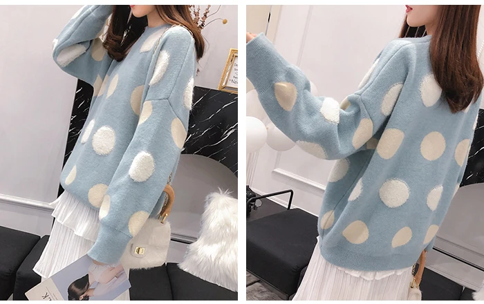 Женский милый sweater в горошек TIGENA, теплый вязаный свободный пуловер с длинным рукавом, джемпер для женщин на зиму