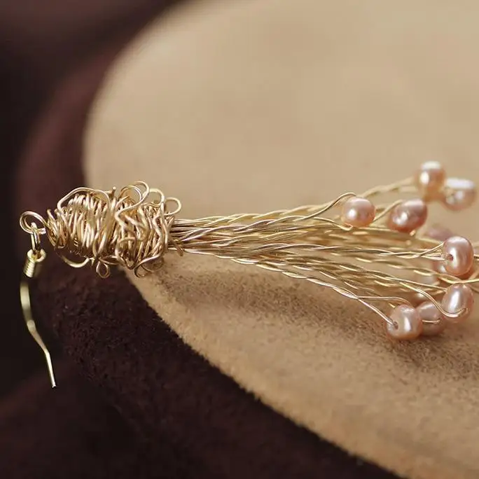 Серьги-ветки с натуральным пресноводным жемчугом 14 золотых плиссированных