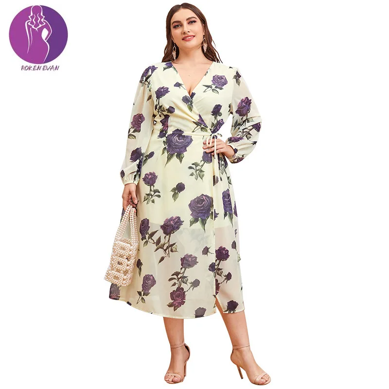 

Женское мини-платье с цветочным принтом, V-образным вырезом и длинным рукавом