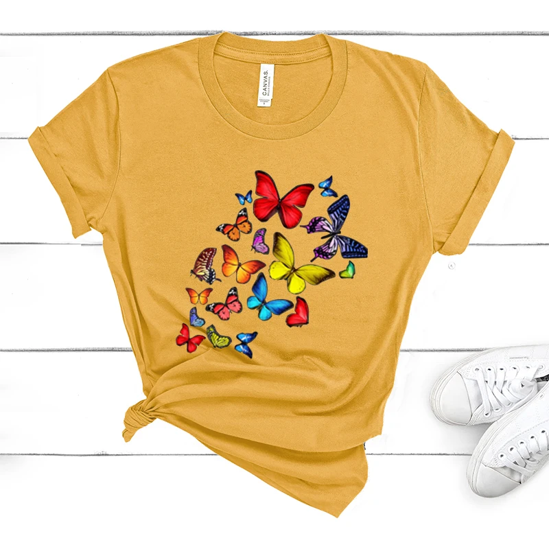 

New Women Fashion Butterfly Printed Short Sleeve Shirts Summer Casual T Shirts Tops Funny Kawaii Butterfly T-shirt Ladies Tops
