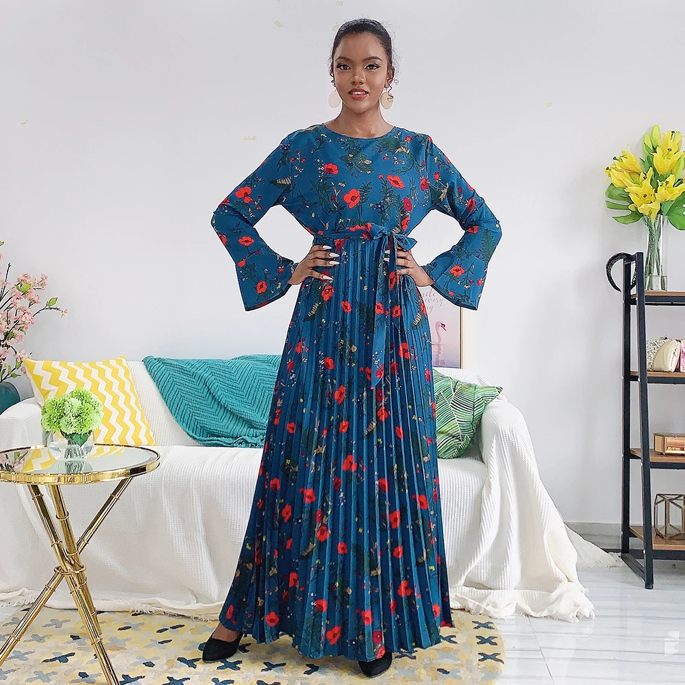 Женское платье макси Siskakia Осеннее плиссированное с круглым вырезом и длинными