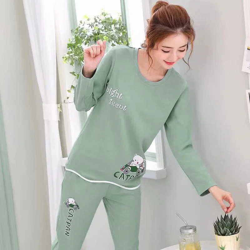 

Spring Autumn 2021 Women Pajamas Set New Thin Cartoon Printed Long Sleeve Cute Sleepwear Casual Homewear Female Pyjamas