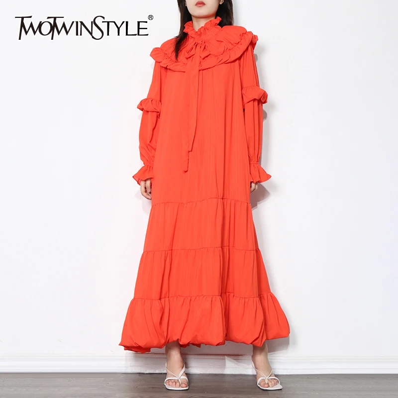 TWOTWINSTYLE Vintage Red Patchwork Ruffle Long Dress Female Stand Collar Lantern Sleeve Loose Maxi Dresses For Women 2021 Autumn