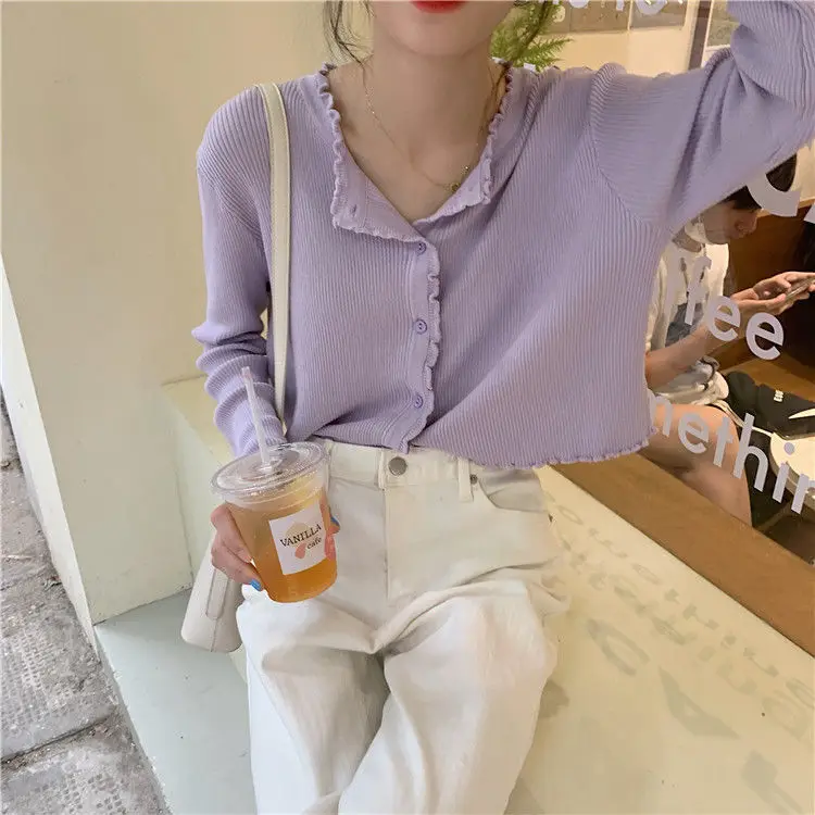 

2021 New Fashion Korean Knitted Cardigan Shirt Pleated Collar Loose Wild Wave Long-sleeved Short Sunscreen Thin Sweater Top