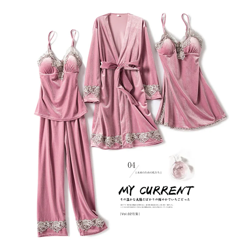 

FZSLCYIYI Velour 4PCS Women Pajamas Sets with Pants Ladies Nightgown Bathrobe Sexy Pyjama Velvet Homewear Sleepwear Pyjamas Sets