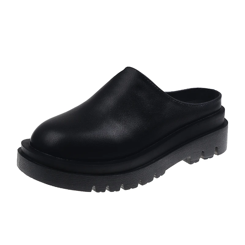 

2021 Women Slippers Summer Fashion Closed Toe Leather Shoes Loafers High Platform Slippers Women Black High Heels Zapatillas