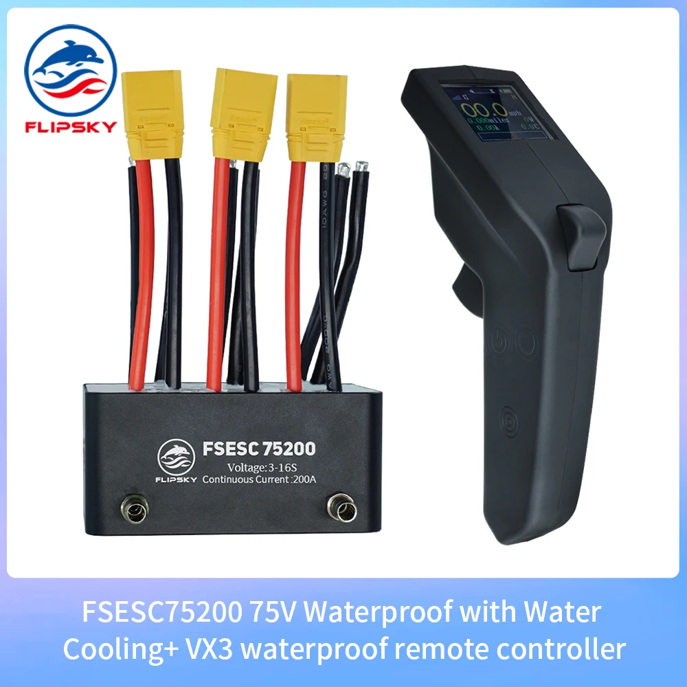 

Flipsky Fully Waterproof Remote VX3 Remote Controller Sea Water +FSESC75200 75V 200A Waterproof ESC With Water Cooling