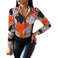 2021 fashion trend women slim turn down collar shirt printed color long sleeved top tight fitting printing spring autumn wear