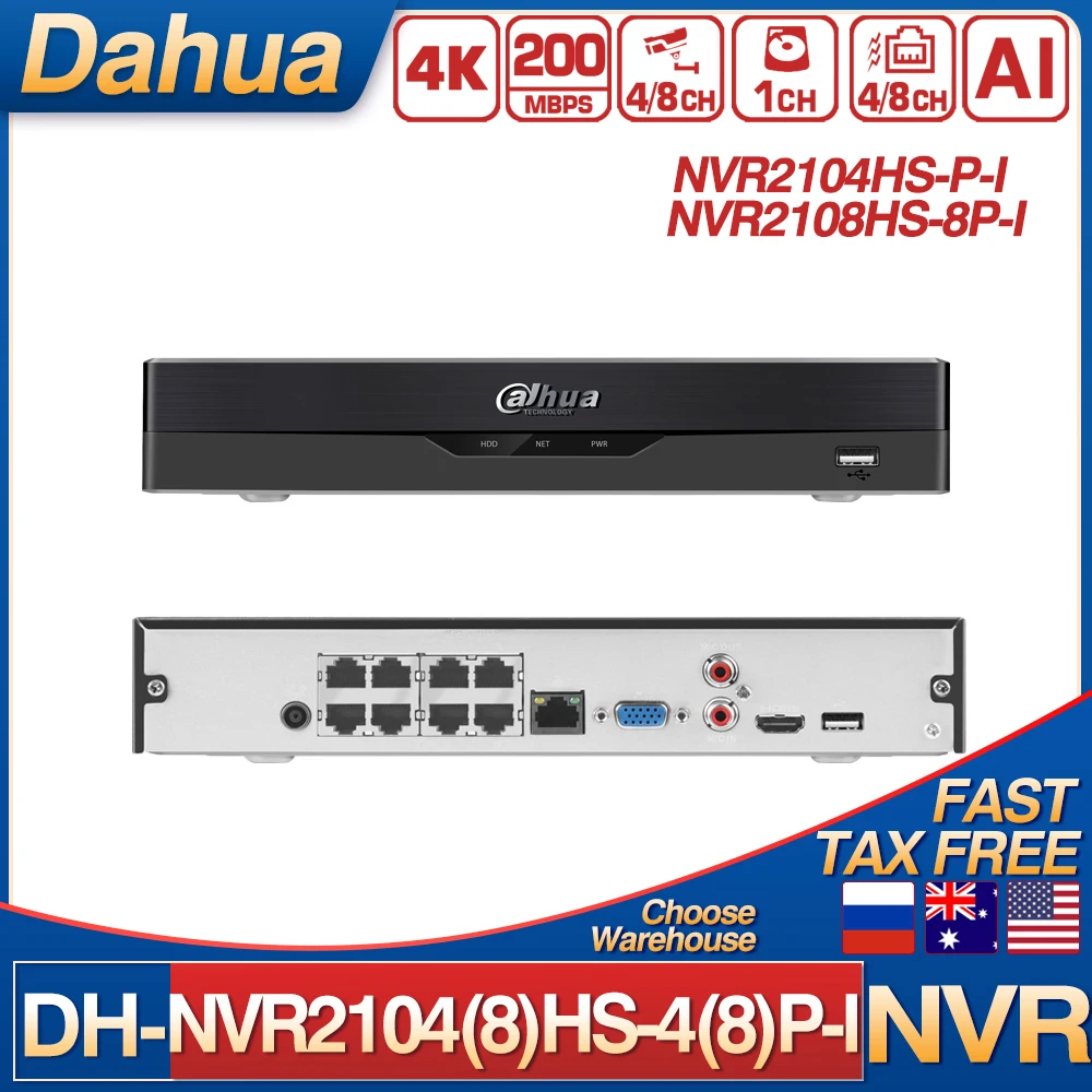 

Dahua Original WizSense NVR2104HS-P-I NVR2108HS-8P-I 4/8 каналов 4/8PoE 4K H.265 + сетевой видеорегистратор с аудио входом/выходом AI Face