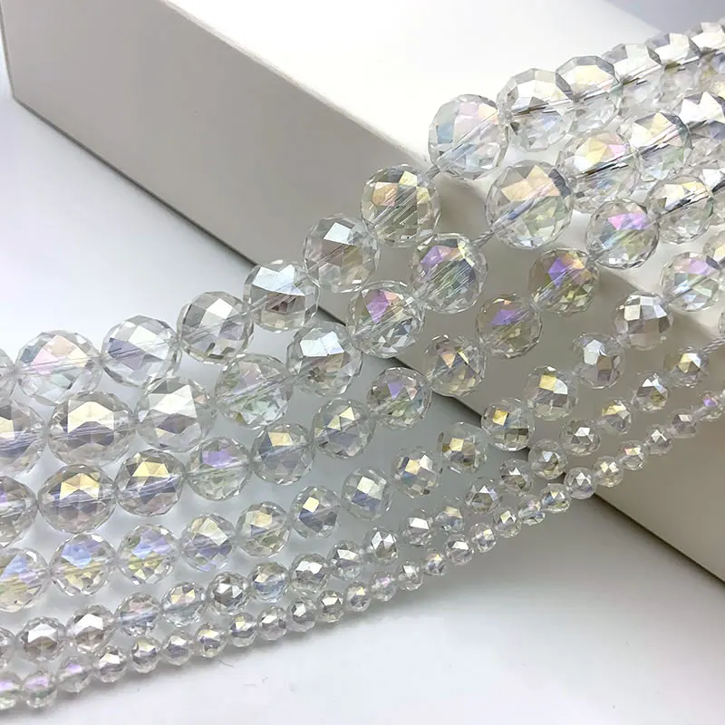 

Natural Rinbow Clear White Quartz Beads Round Faceted DIY Crystal Loose Beads For Jewelry Making Women Beads Accessiries Gift