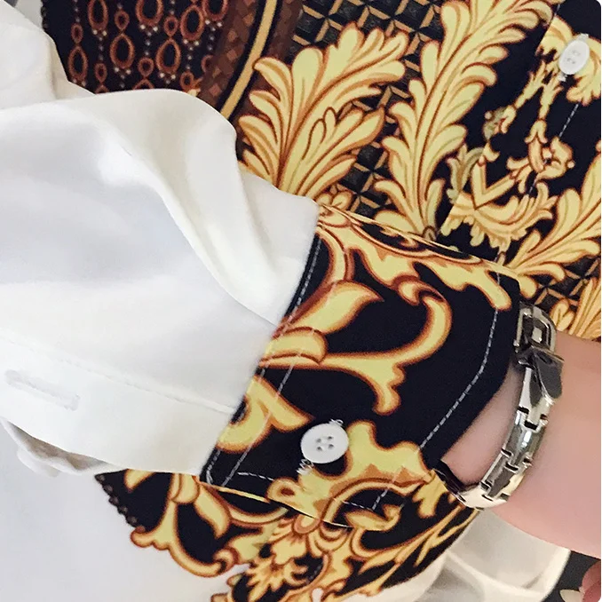 Casual Blouse Homme Baroque Banquet Shirt Paisley Black Gold Men Shirt Luxury Korean Mens Long Sleeve Print Shirts Men Slim Fit