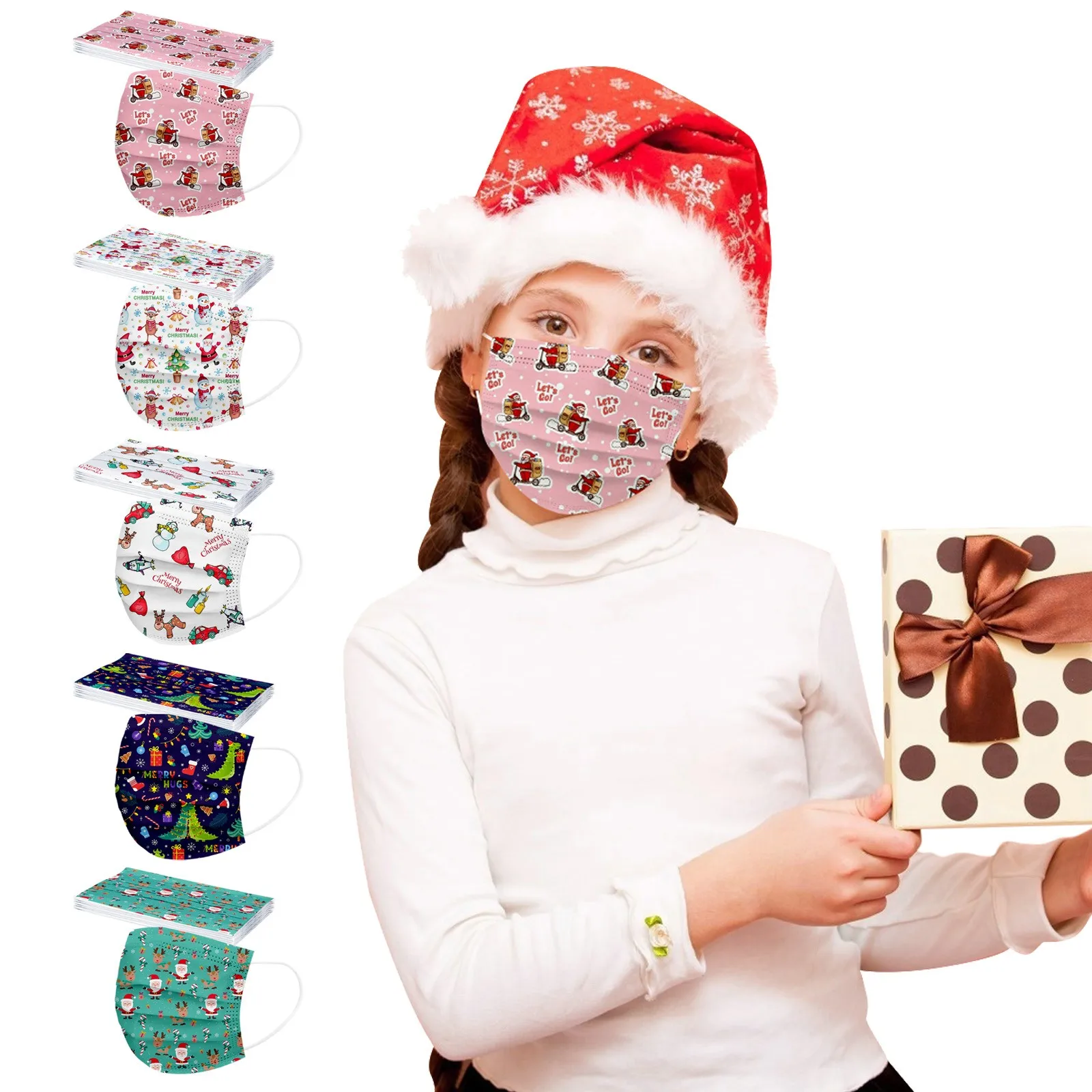 

50pcs Christmas Face Mask Disposable Fabric Mask For Kids 3-ply Breathable Mouth Cover Holiday Party Facemask Mascarilla Mask