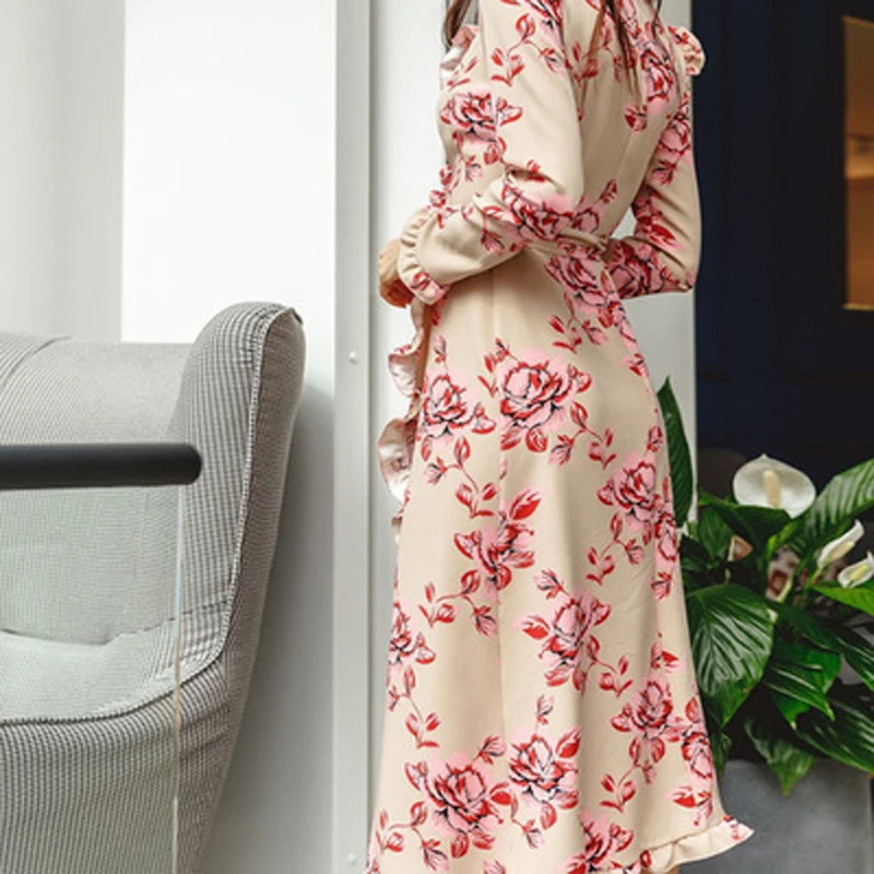 

Elegant Ruffles Irregular Dress Women Floral Printed V Neck Long Sleeve Dress Ladies 2020 Autumn Party Dress Plus Size Vestidos