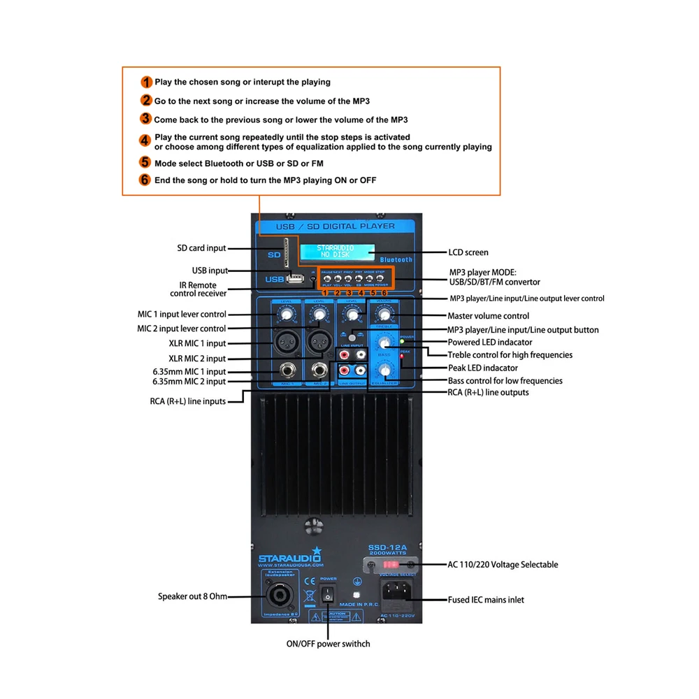Профессиональный динамик с активным питанием Bluetooth 2 шт. 2000 Вт 12 дюймов PA DJ система