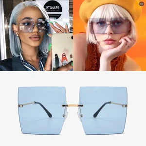 Очки солнцезащитные Feishini без оправы для мужчин и женщин, квадратные брендовые Роскошные модные с плоским верхом и синими прозрачными линзами