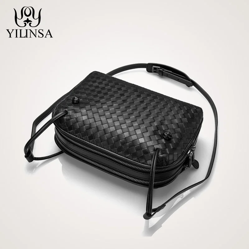 

Crossbody Women Shoulder Bag Woven Bag Sheepskin Genuine Leather Fashion Purse 2021 Ladies Double Pull Bag Small Square Bag