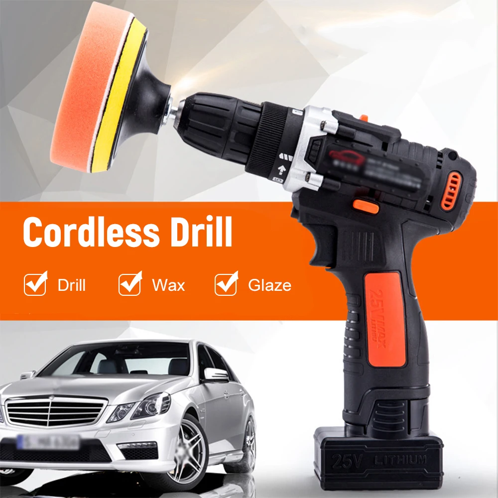 

25V Cordless Drill / Driver Kit 1350rpm Variable Speed Polisher Car Buffer Waxer Set Power Screwdriver With Light With 5 Bits