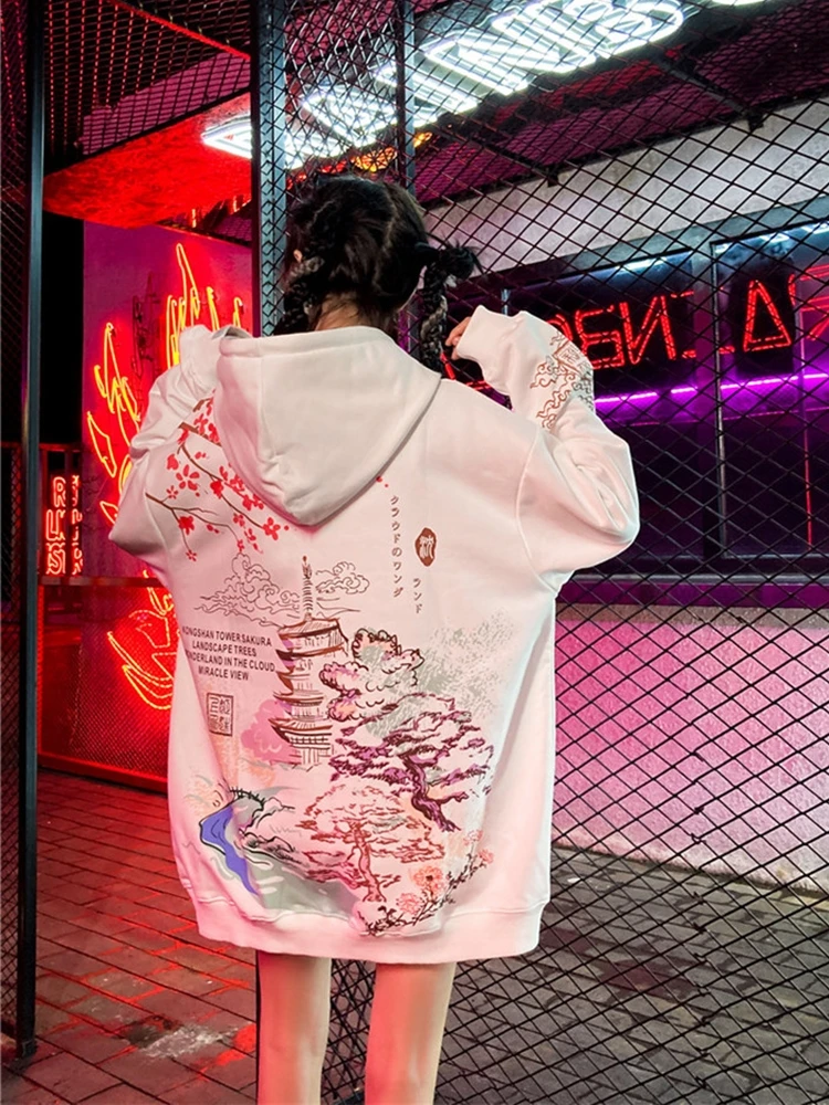 

Chinese Style Cherry Blossoms Tower Print Hoodies Couple Sweatshirts Streetwear Hip Hop Women Casual Hooded Fleece Pullover Tops