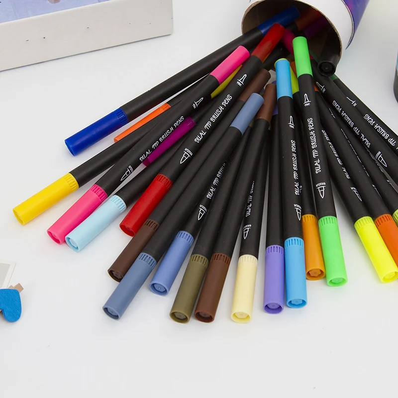 

24 Colors Dual Tip Brush Marker Pens Fineliner Watercolor Art Markers Calligraphy Coloring Drawing Art Supplies