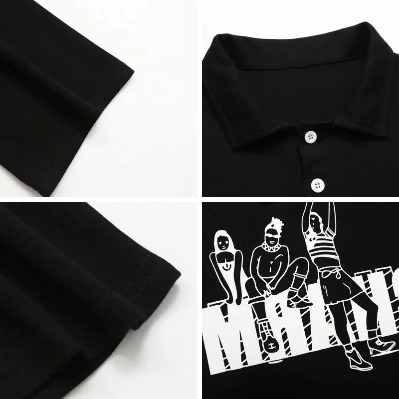 

Summer Short Sleeve Women T-shirts Turn-down Collar Letter-printed Harajuku Ins BF Baggy Black Crop Tops Retro Trendy Streetwear