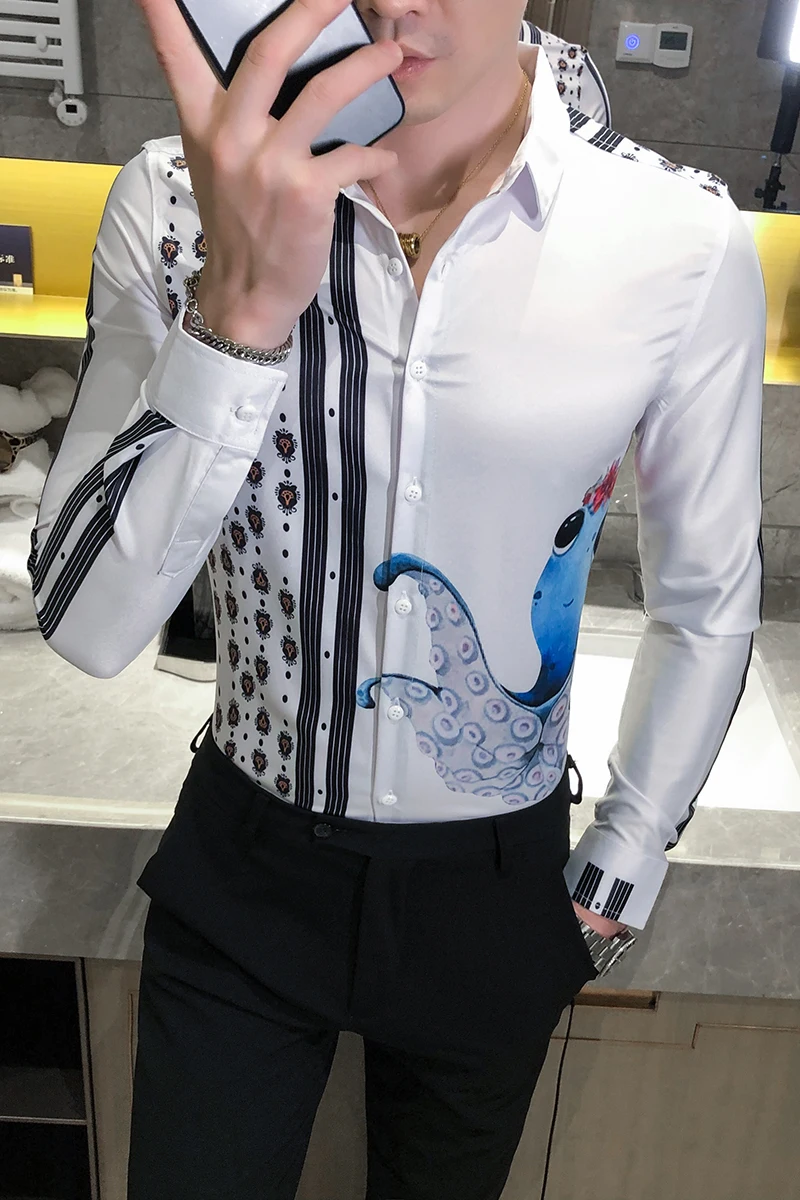 

Autumn New Mens Shirts Fashion 2020 Digital Print White Shirts For Men Clothing Korean Slim Fit Long Sleeve Men Tuxedo Dress 3XL