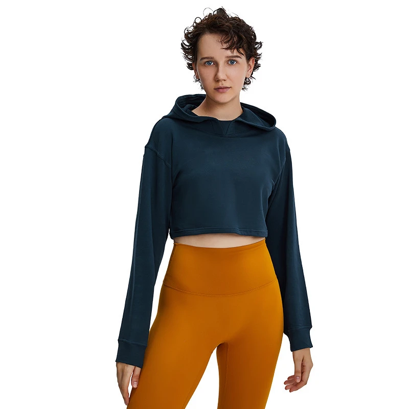 Хлопковая Спортивная укороченная толстовка с капюшоном для бега Женская