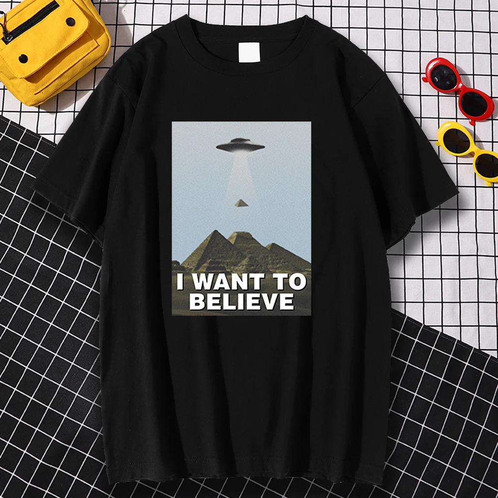 

Kohpweran I Want To Believe Hip Hop Print Man T-Shirt Tops Graphic Creativity Oversize Cartoons Breathable Men T Shirts