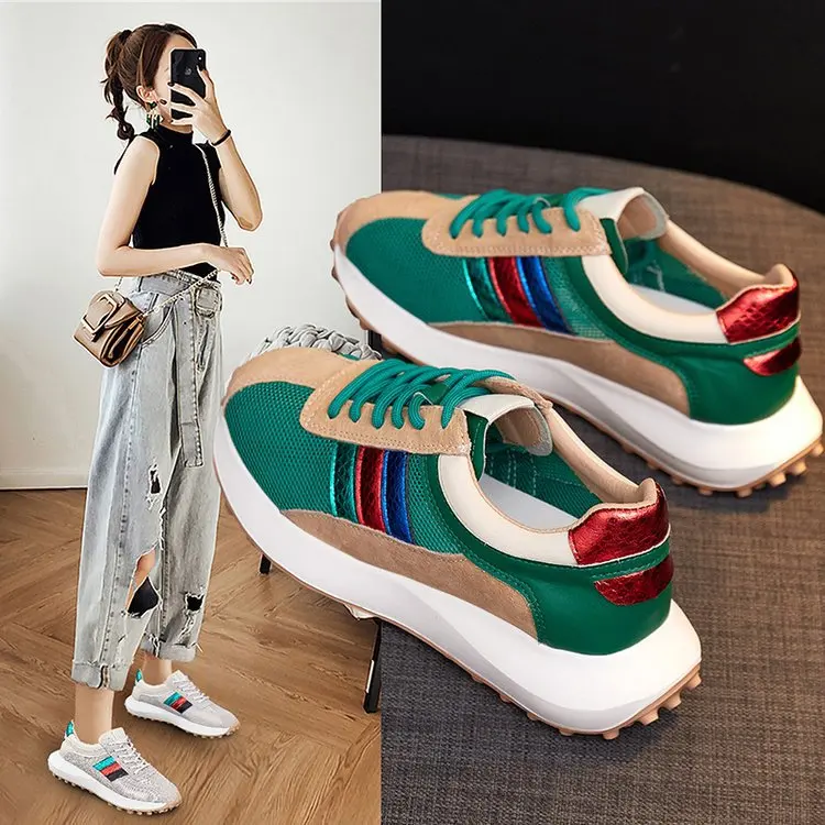 

Кроссовки из натуральной кожи женские, тонкие спортивные сникерсы на платформе, сетчатые, плоская подошва, зеленые, лето 2021