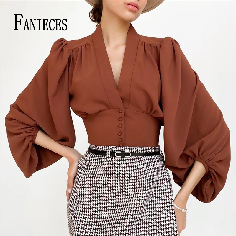 

FANIECES Solid Blouse Chemise Women Deep V Neck Lantern Sleeve Shirt Streetwear Crop Tops Femme Summer Chiffon Blouses blusas